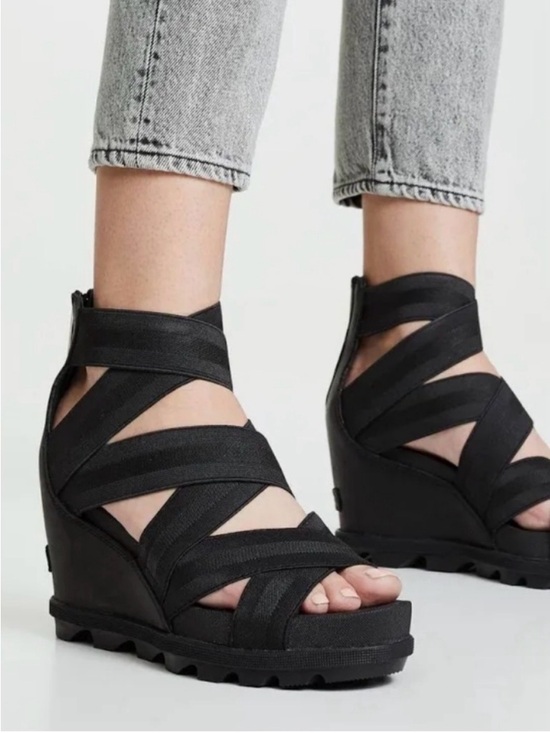 Sorel Shoes - Sorel Joanie™ II Leather Wedge Heeled Gladiator Stretch Sandal Black Women's 7.5